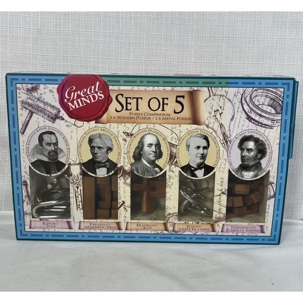 Great Minds Set of 5 Puzzle Compendium Wooden and Metal Brain Teasers Boxed Set